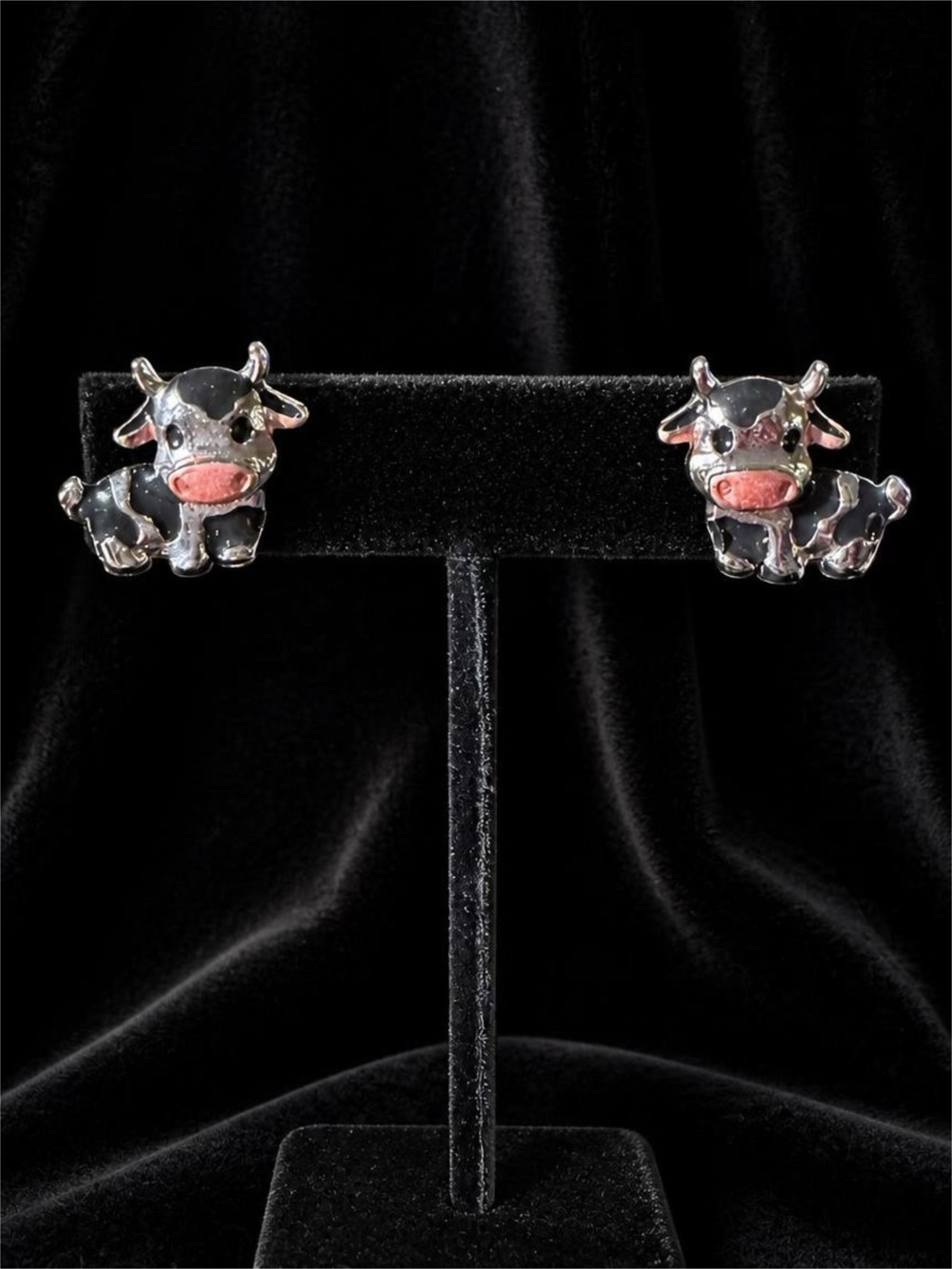 Cute Black Silver & Pink Cow Stud Earrings